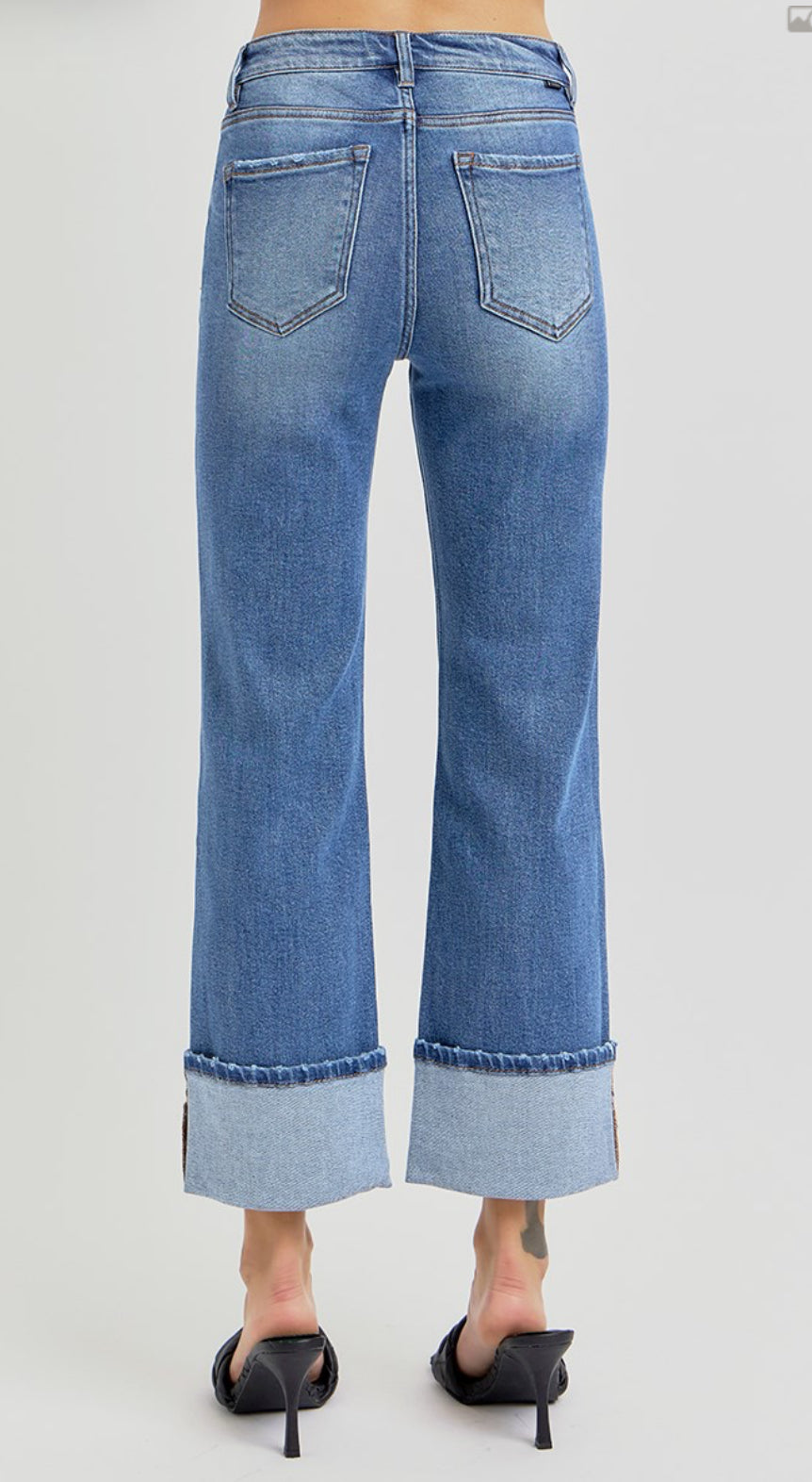 RISEN HIGH RISE-ANKLE STRAIGHT-WIDE CUFFED JEANS