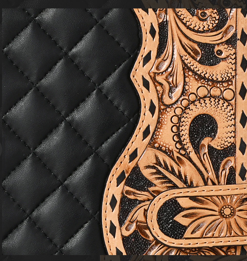 American Darling - Black Quilted Portfolio Hand Tooled Genuine Western Leather Women Bag