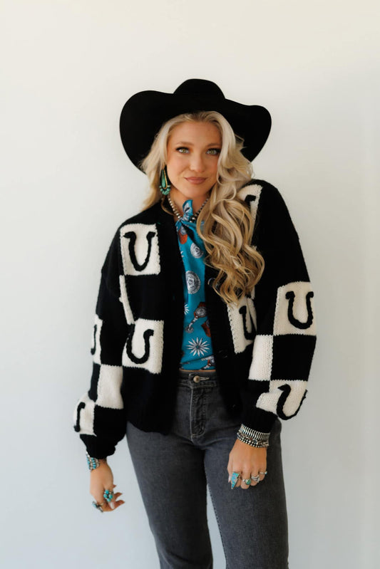 BLACK HORSESHOE CARDIGAN SWEATER