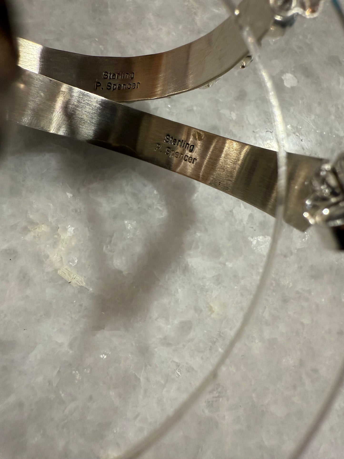 Navajo Handmade Marked Sterling Silver Turquoise Hoop Earrings 2” P Spencer