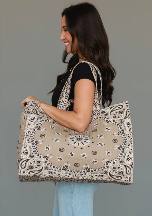 Quilted Large Tan Bandana Tote