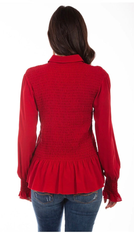 Scully Red Smocked Button Up Blouse