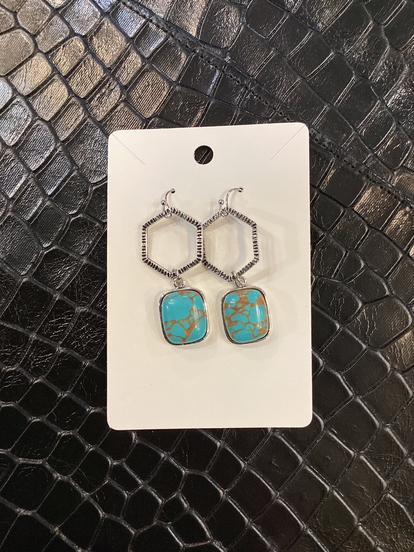 Faux Turquoise & Hexagon Dangle Earrings