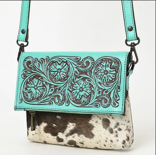 American Darling Hand-Tooled Leather & Cowhide Zip-Top Crossbody Bag