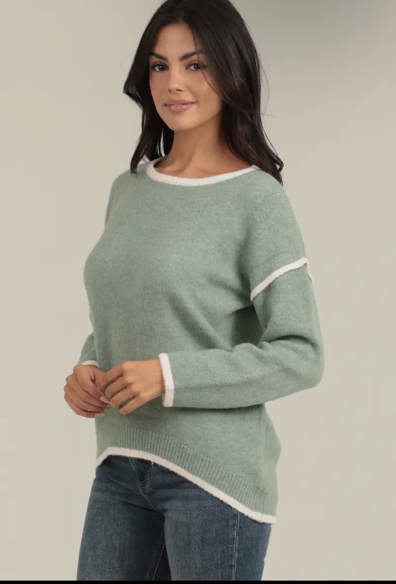 Contrast Seams Hi Lo Pullover Sweater with Border