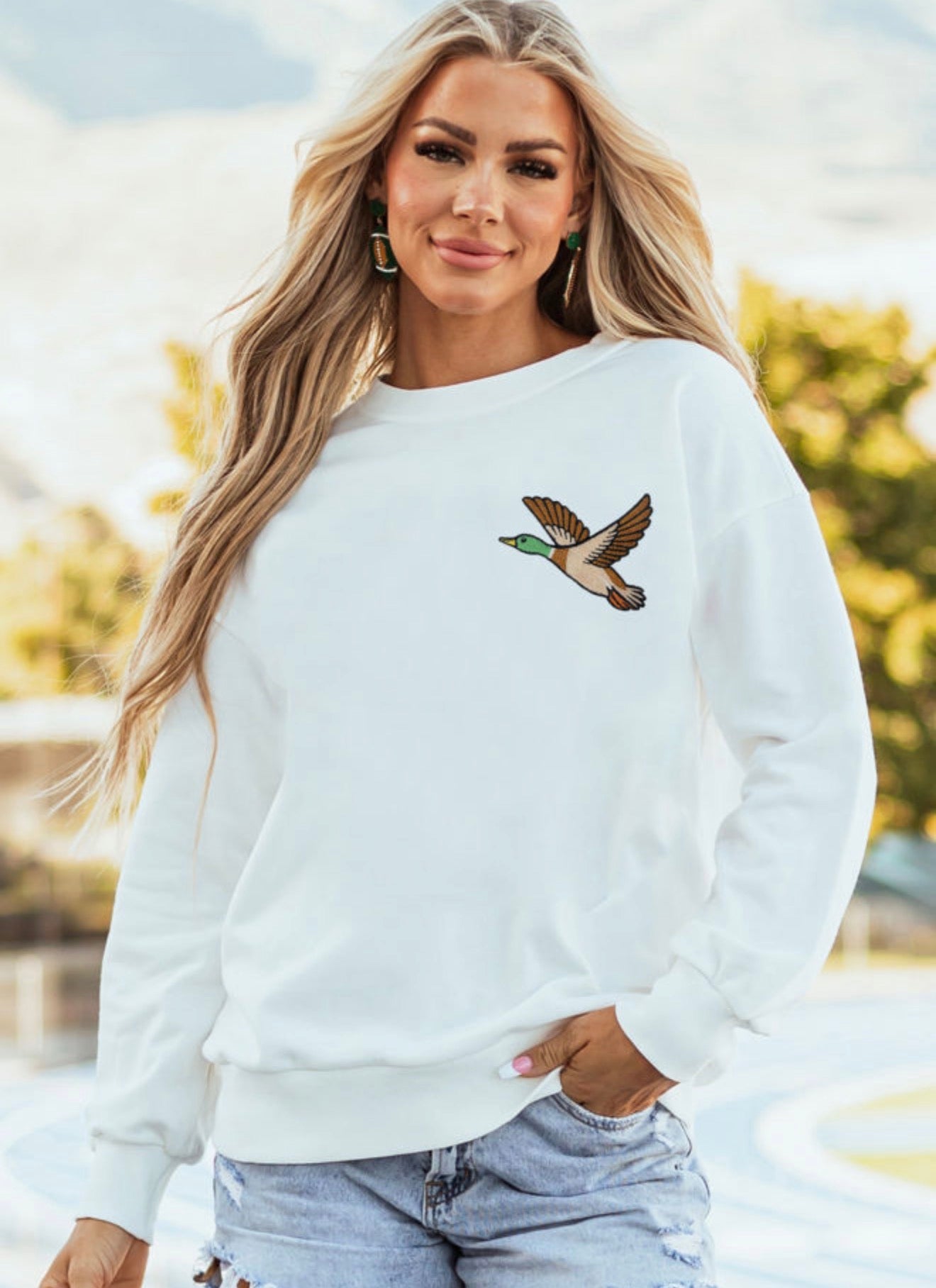 White Mallard Duck Embroidered Detail Sweatshirt