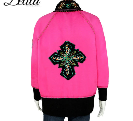 Pink Hand Embroidered Fleece Jacket Floral Medallion Collection