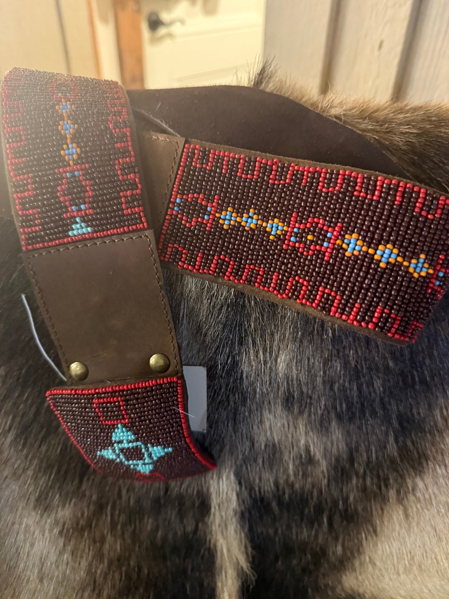 Tasha Polizzi  Leather Hand Beaded Red Belt w/ Brads and Turquoise
