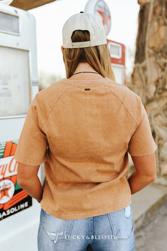 CAMEL MINERAL WASH EMBROIDERY AND CONCHO BUTTON DETAIL PEARL SNAP COWBOY PRINTED SHORT SLEEVE TOP