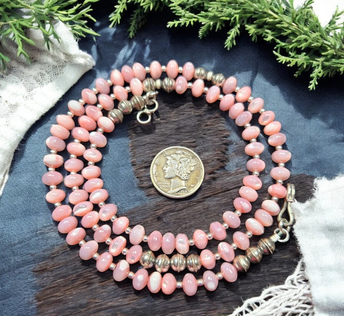Sterling NAVAJO Pearl Pink Mother of Pearl Bench Beads Necklace VTG Silver 20"