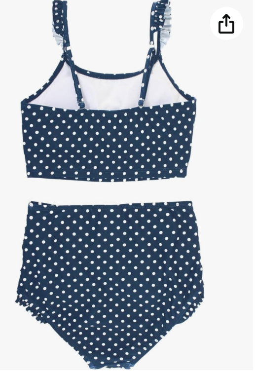 RuffleButts Navy Polka Dot High Waisted Flutter Bikini -10