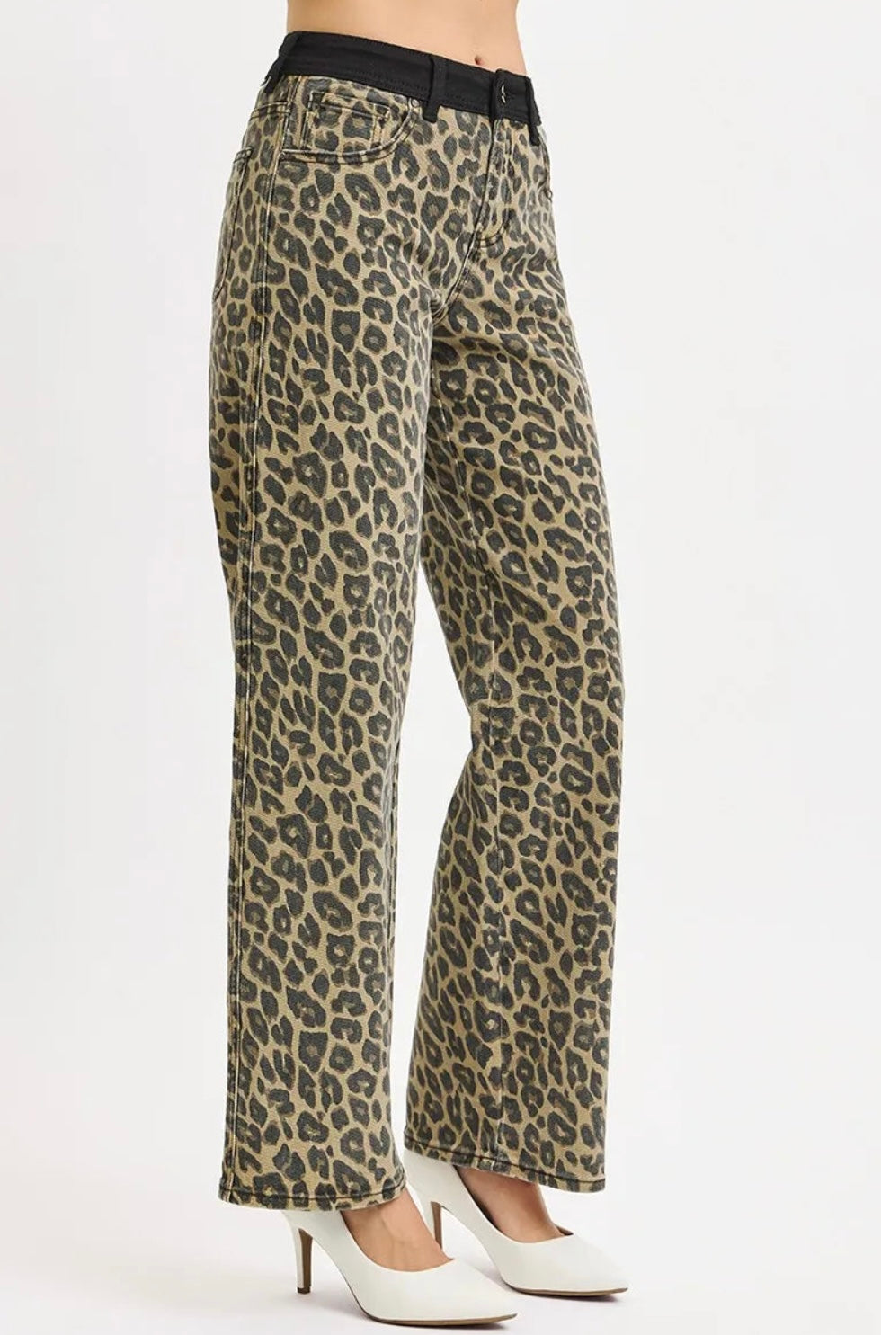 Risen High Rise Wide Leg Leopard Print Pants