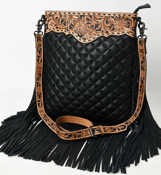 American Darling - Black Quilted Crossbody Bucket Hand Tooled Genuine Western Leather Women Bag