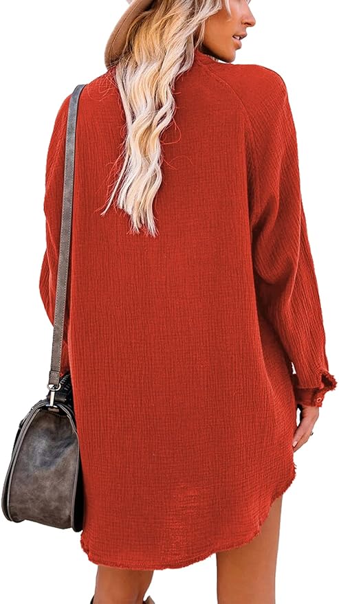 Women's Long Sleeve Beach Cover-ups Button Down Oversized Tunic Dress Shirt Boho Dresses with Pockets