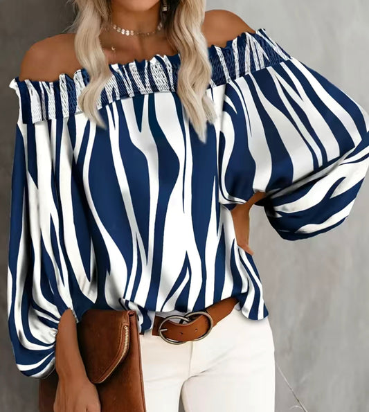 Off the shoulder royal blue and white stripe blouse