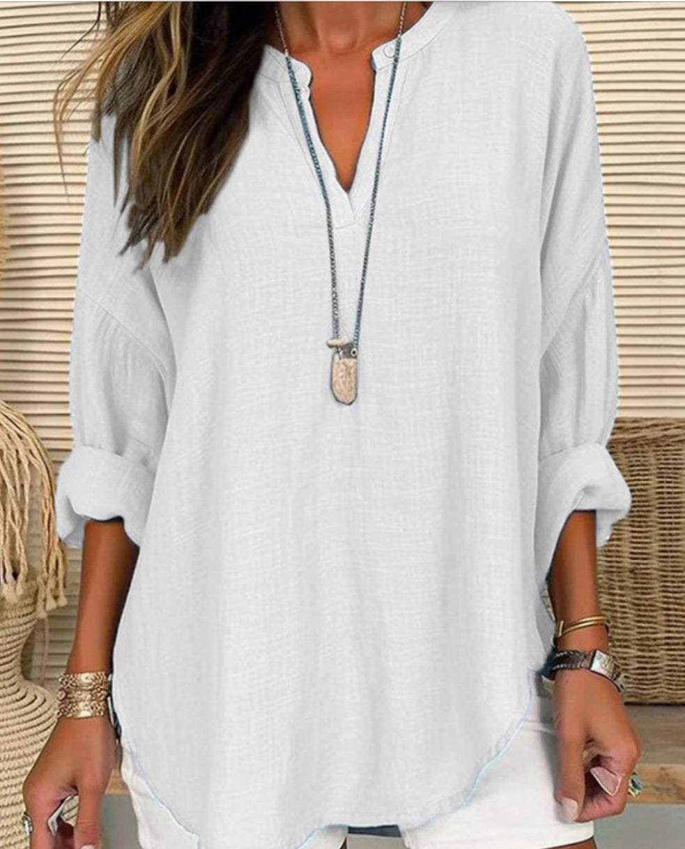 Blouse Linen Long Sleeve Casual V Neck Top