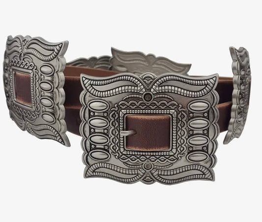 Western Silver Rectangular Concho Leather Belt