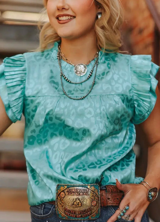 L & B Turquoise Leopard Satin Pleated Ruffle Top