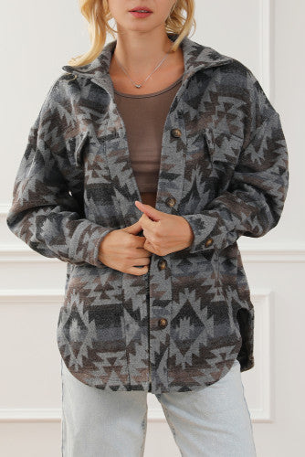 Unisex Gray Western Aztec Print Drop Shoulder Casual Shacket