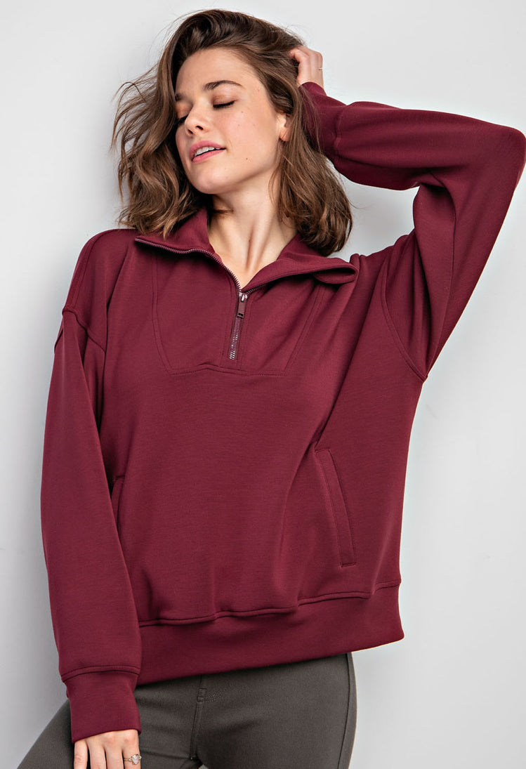 MODAL POLY SPAN QUARTER ZIP FUNNEL NECK PULLOVER