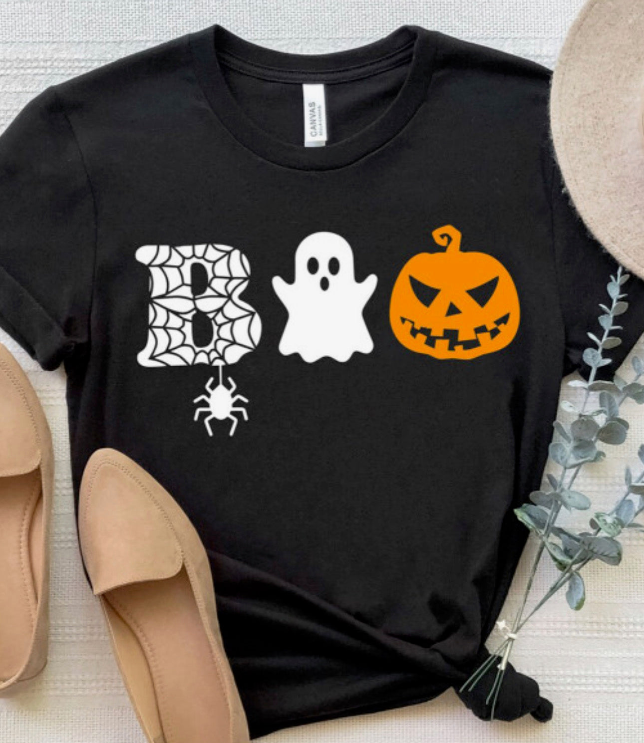 Black Boo Print Casual Halloween Graphic Tee