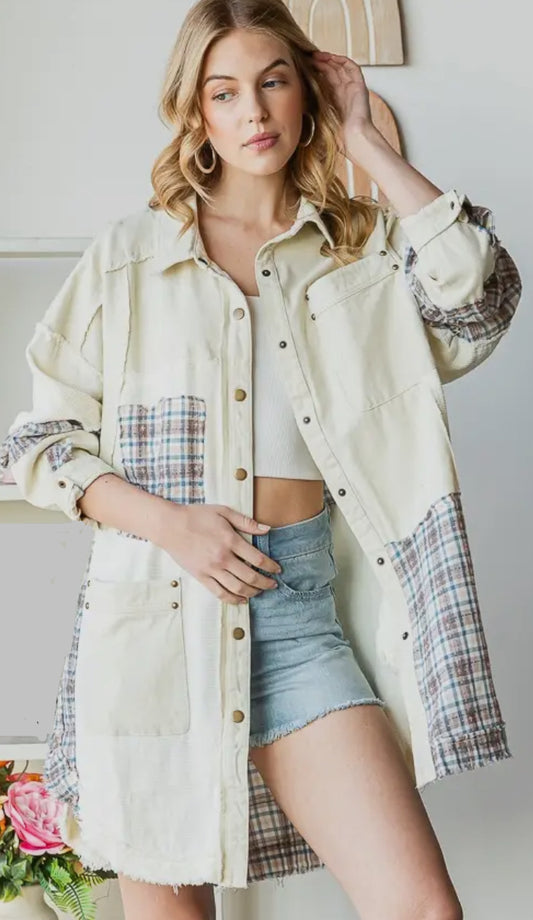 Washed Mix Media Plaid Detail Button Down Shacket