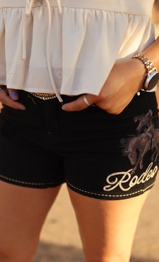 BLACK RODEO BUCK-STITCH PRINTED STRETCH DENIM SHORTS