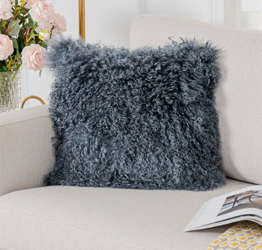 100% Gray Real Mongolian Lamb Wool Pillow Cover with Filller