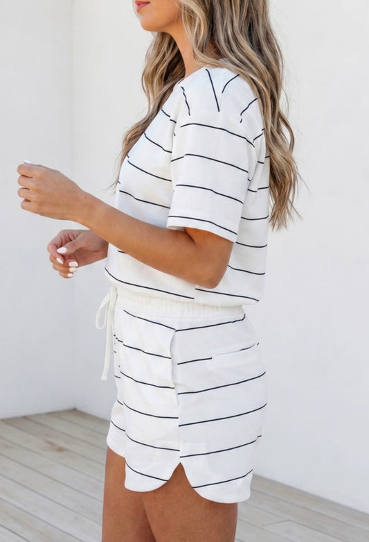 White Stripe Half Sleeve Tee Drawstring Shorts 2pcs Set