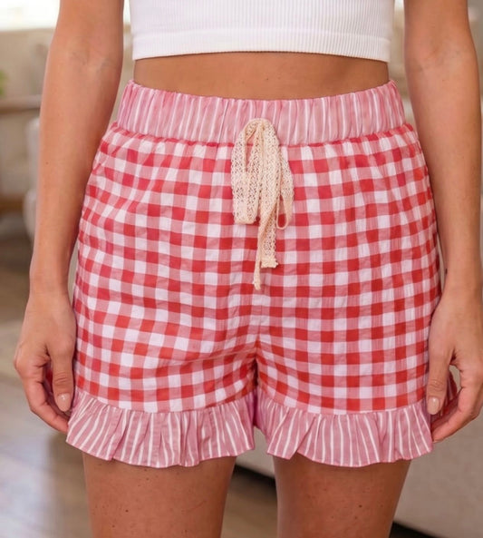 Red Gingham Print Ruffle Striped
Detail Lace Tie Shorts