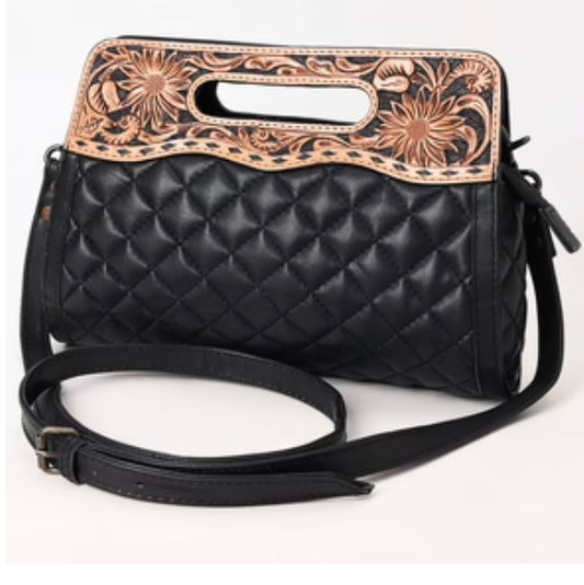 American Darling - Black Quilted Clutch Hand Tooled Genuine Leather women bag western Bag