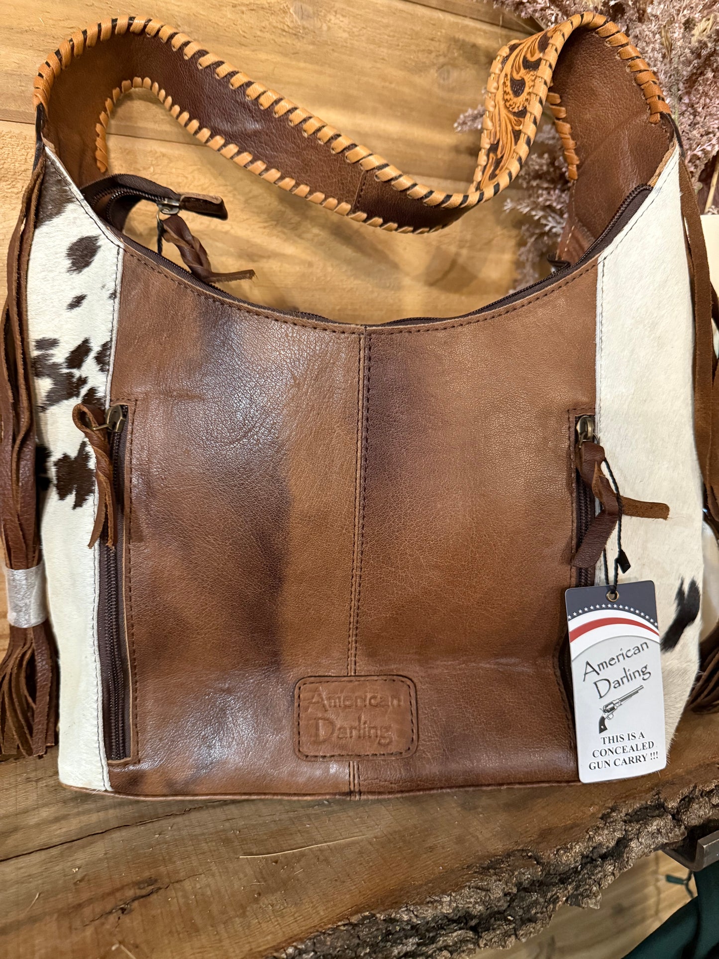American Darling Annie Western Hobo Bag Hair-On Cowhide & Tooled Leather Shoulder Purse