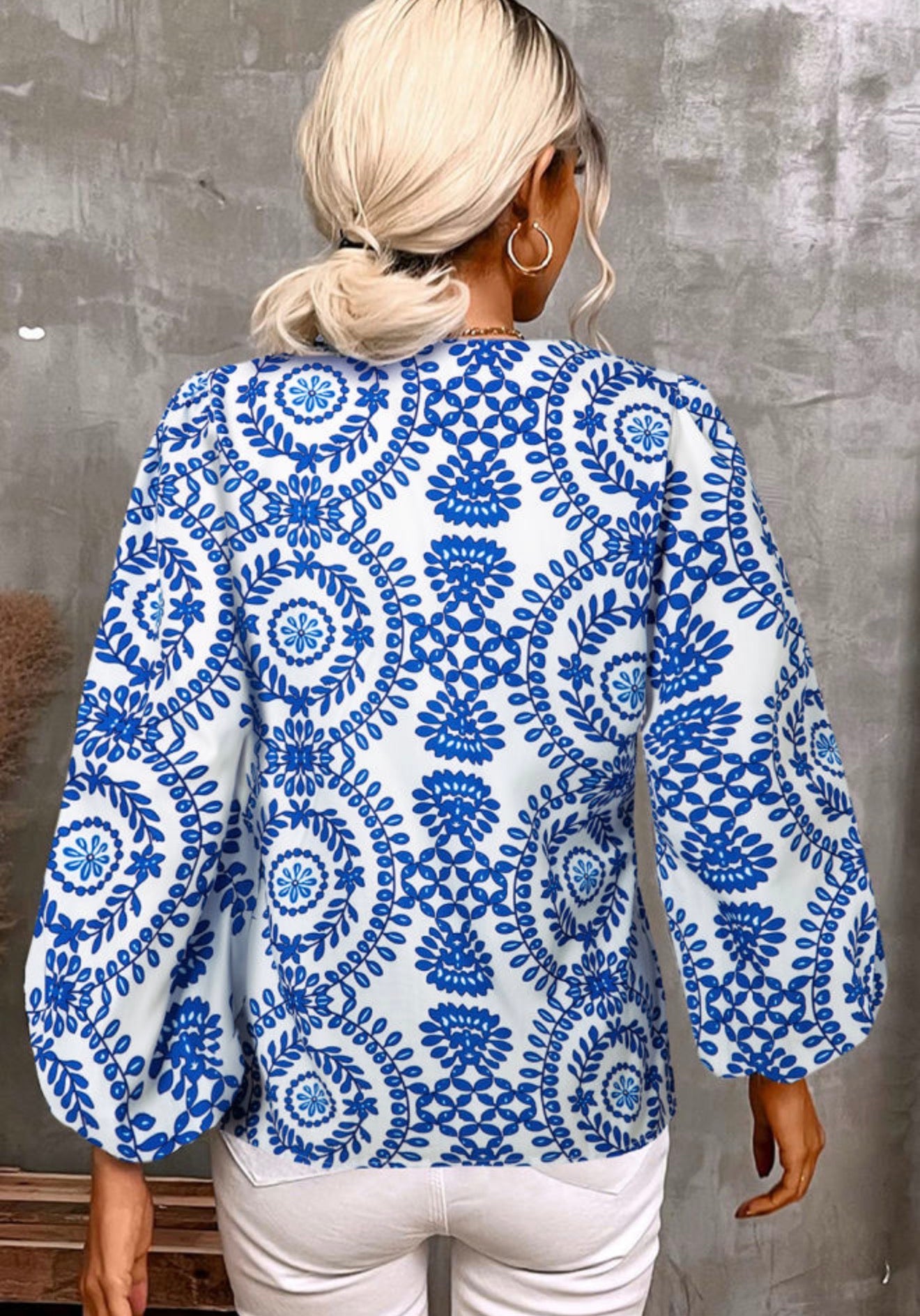 Sky Blue Vintage Geometric Printed Puff Sleeve V-Neck Shirt