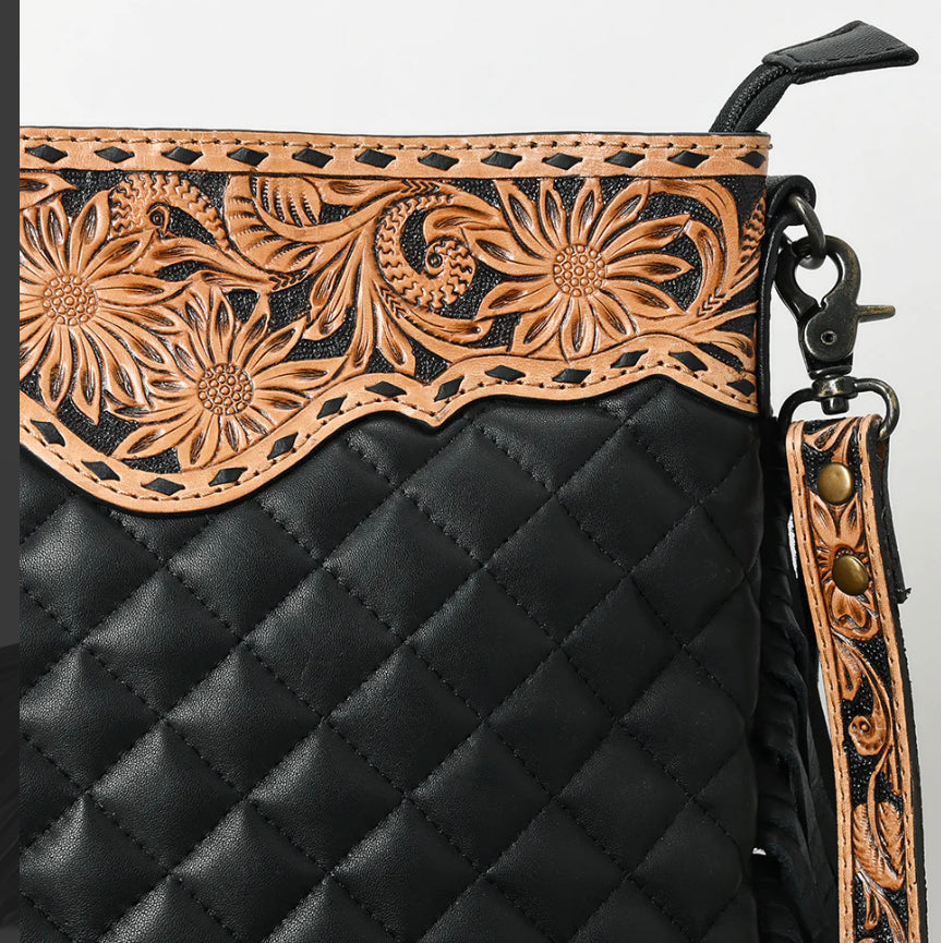 American Darling - Black Quilted Crossbody Bucket Hand Tooled Genuine Western Leather Women Bag