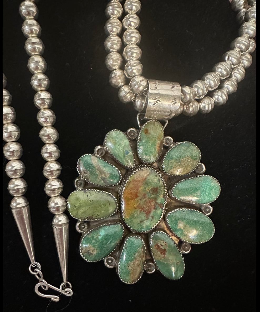 Sterling Navajo Handmade MARKED ES Turquoise Flower Necklace