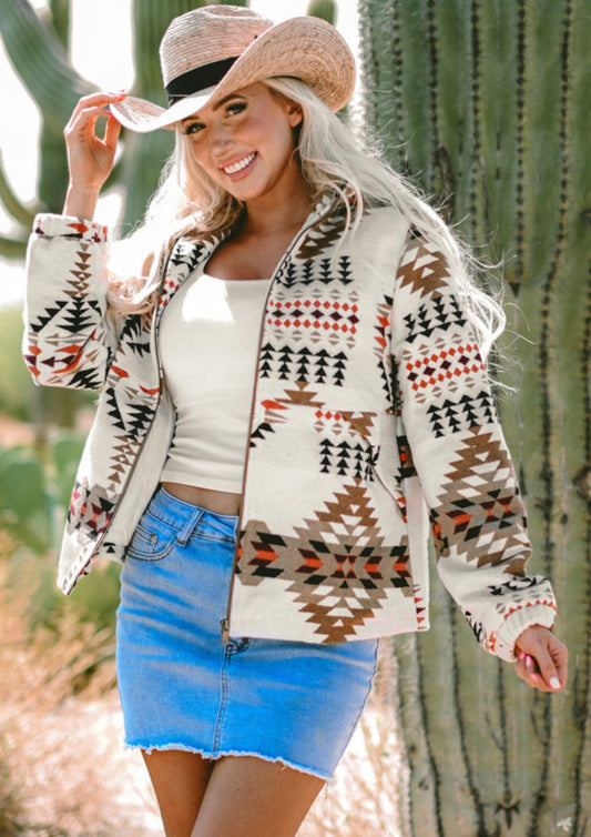 Beige Aztec Printed Stand Neck Zip Up Jacket