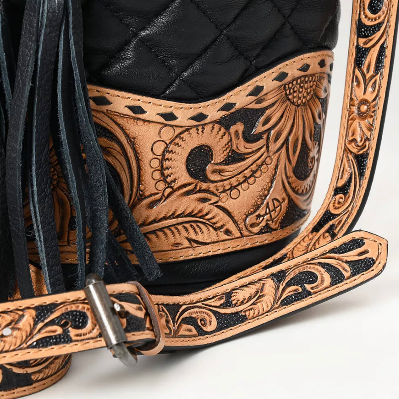 American Darling - Black Quilted Bucket Hand Tooled Genuine Leather Women Bag