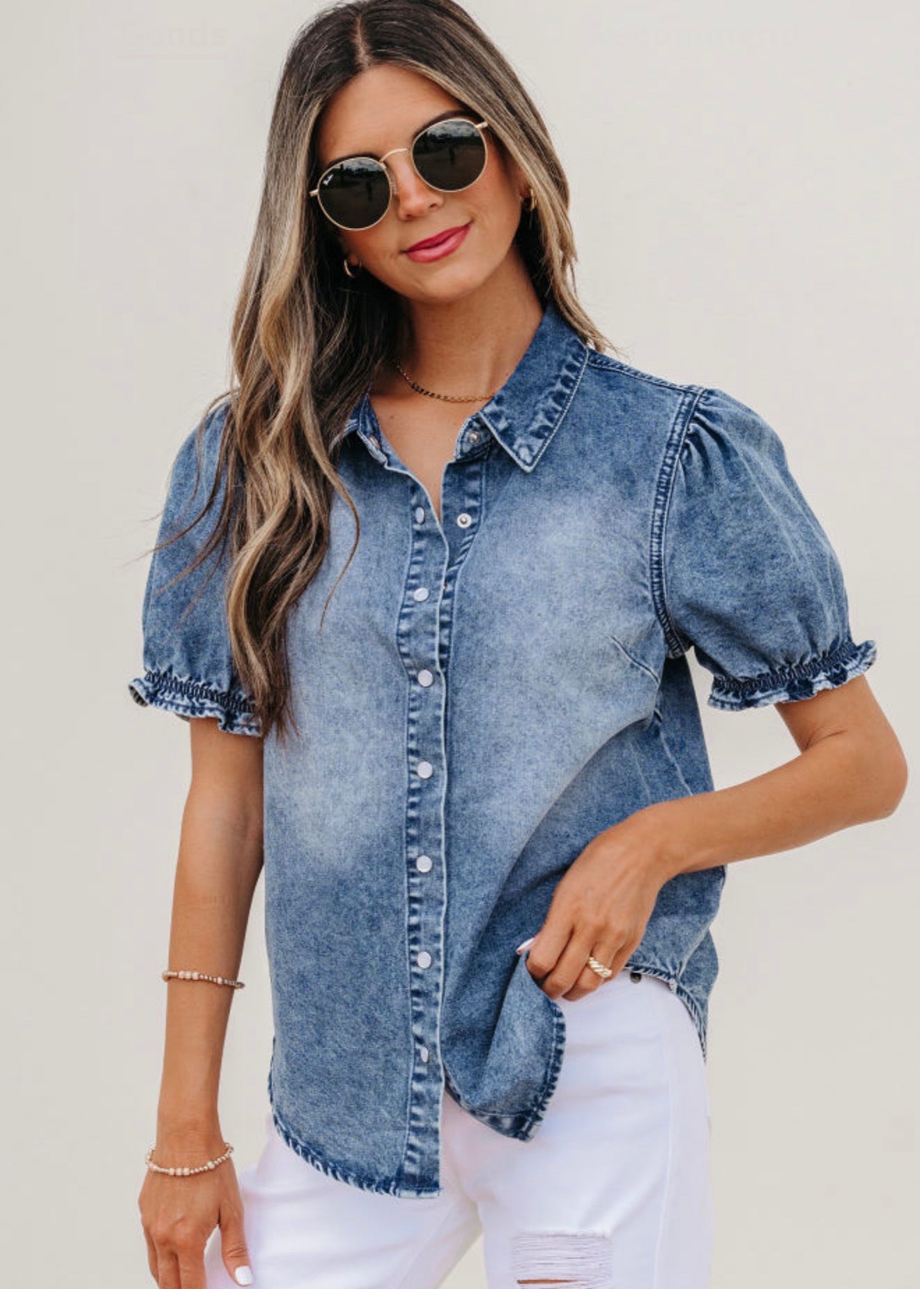 Beau Blue Frilled Short Capped Sleeve Snap Denim Shirt