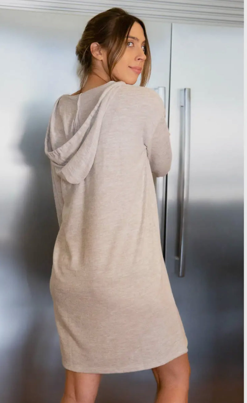 Brushed Hacci Hooded Soft Pajama Lounge Gown Taupe and Leooard