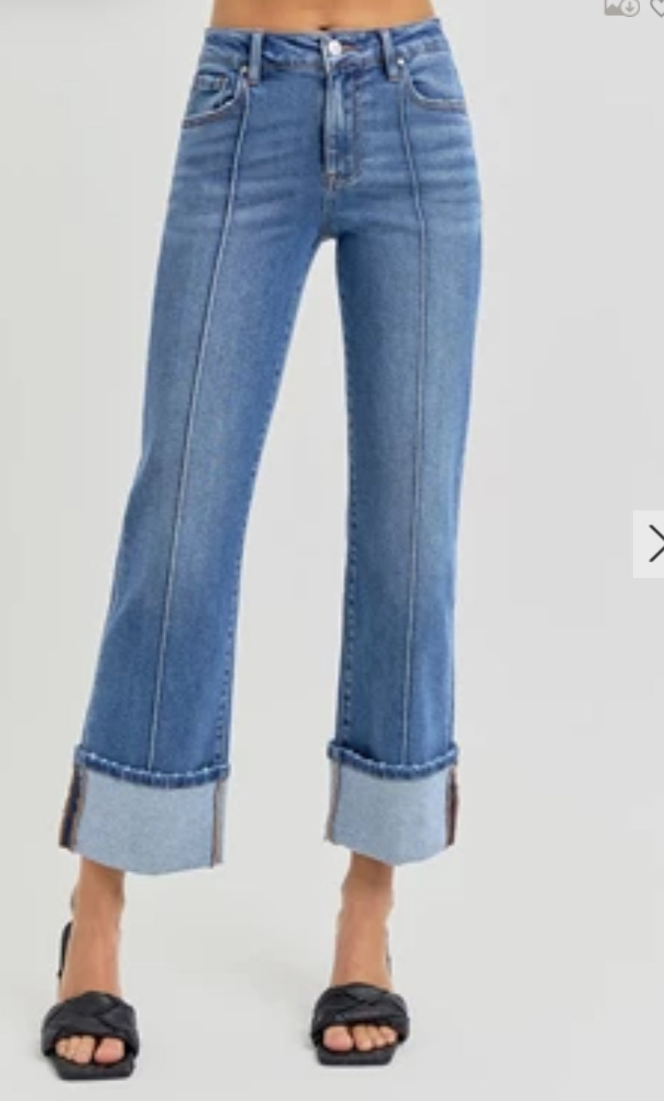 RISEN HIGH RISE-ANKLE STRAIGHT-WIDE CUFFED JEANS