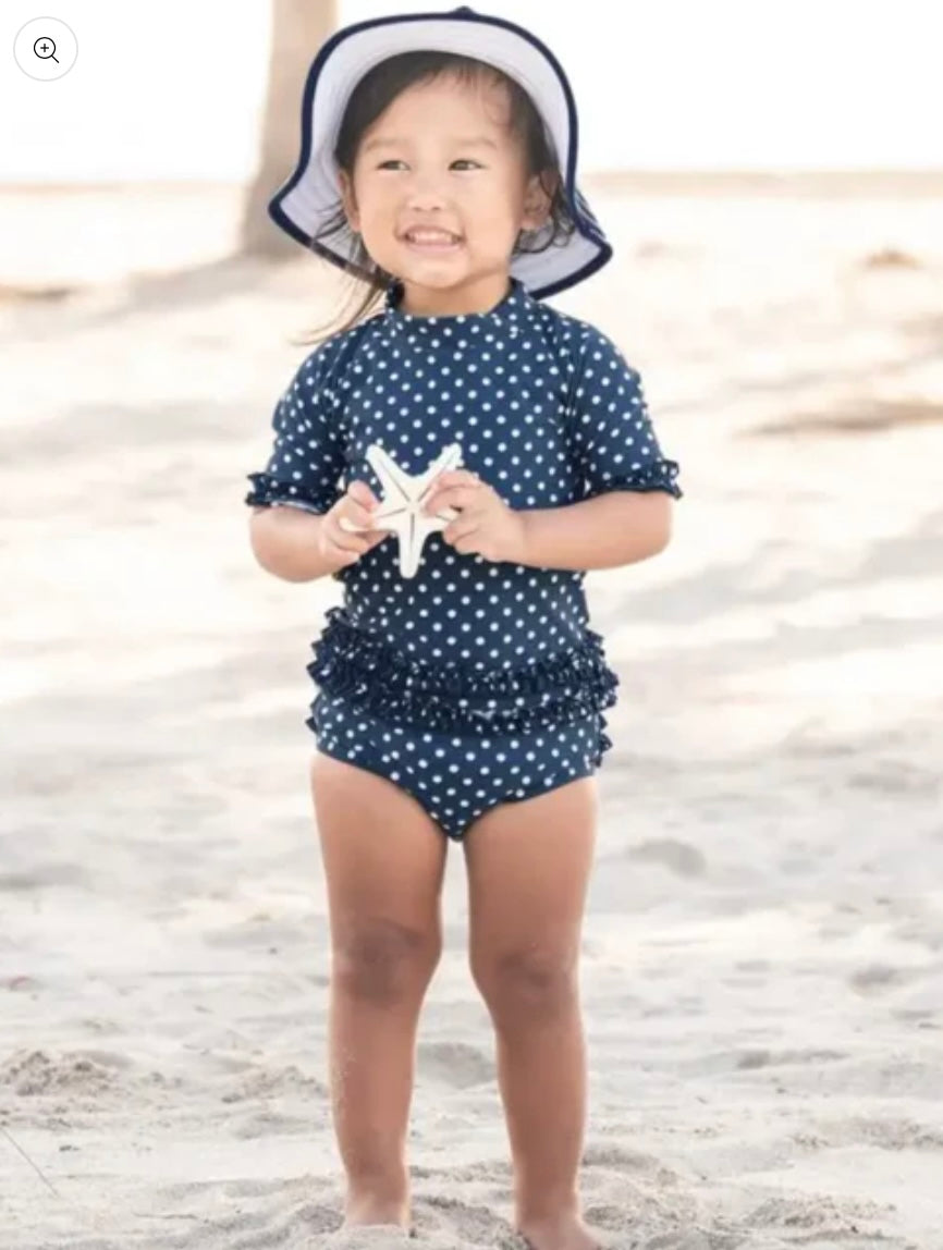 RuffleButts Navy Polka Dot Ruffled Rash Guard Bikini 12-18m