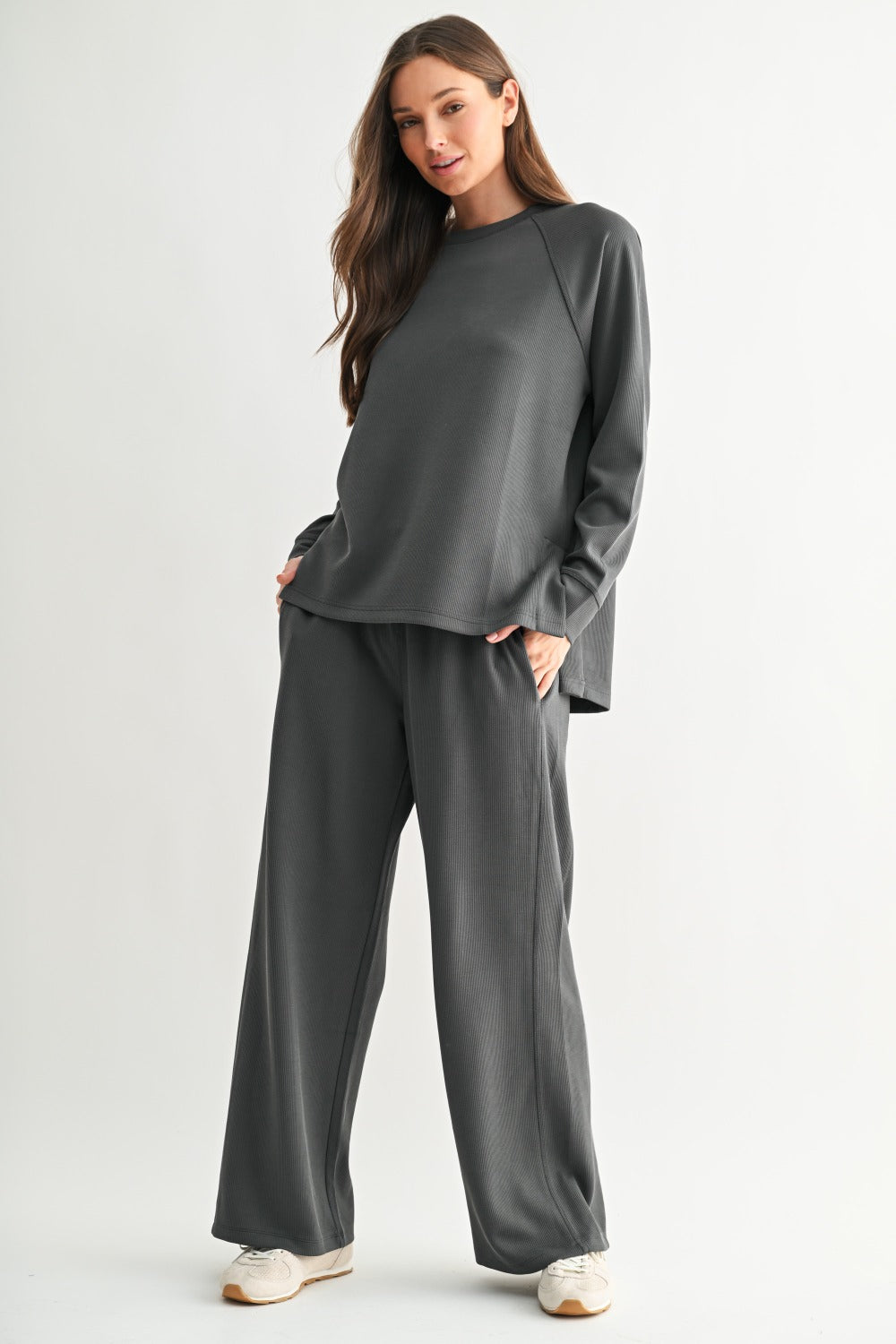 Mono B Luxe Sand Wash Rib Wide-Leg Pants