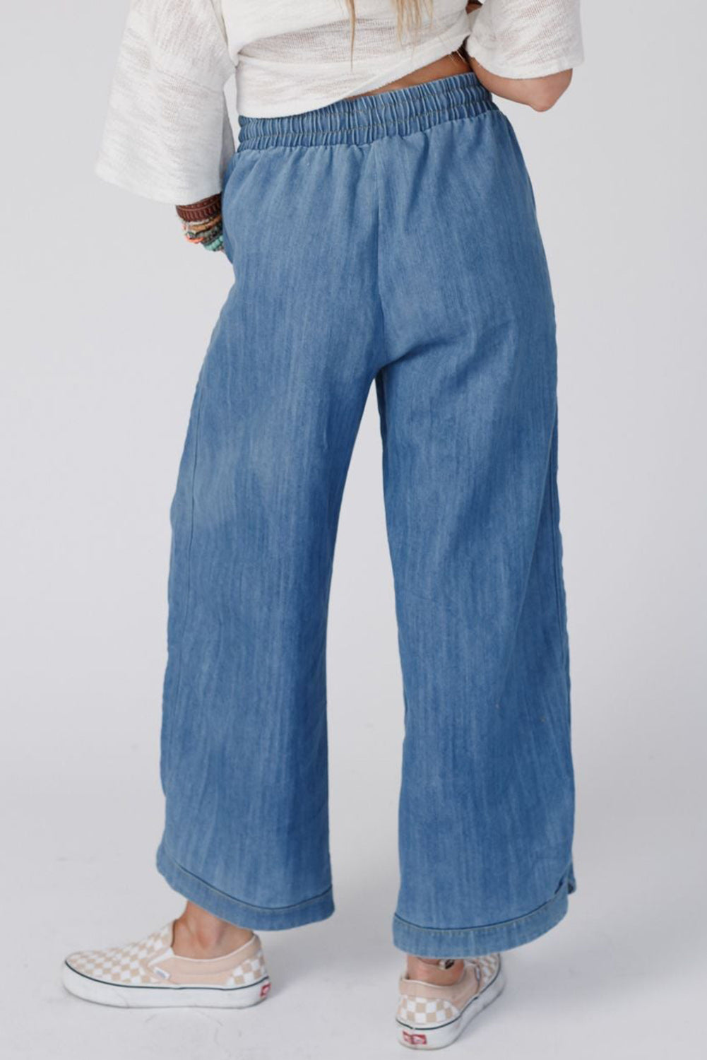 Sky Blue Wide Leg Drawstring Waist Loose Pants