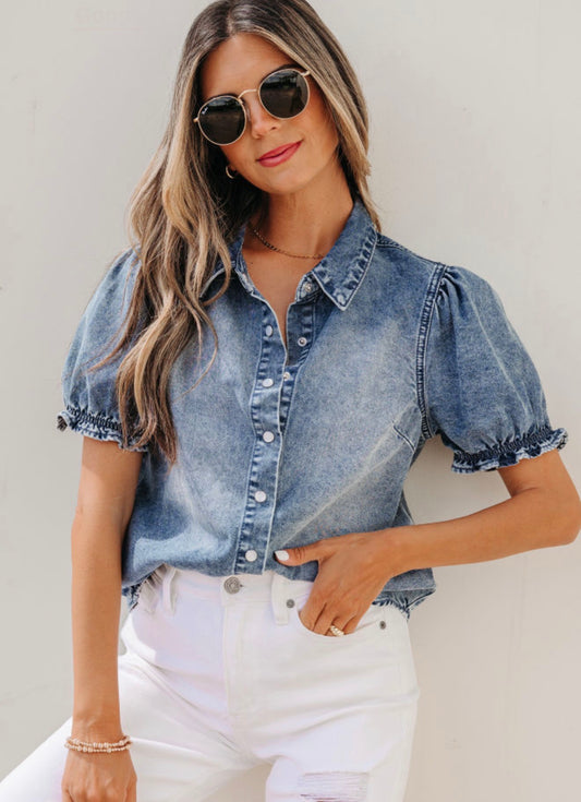 Beau Blue Frilled Short Capped Sleeve Snap Denim Shirt