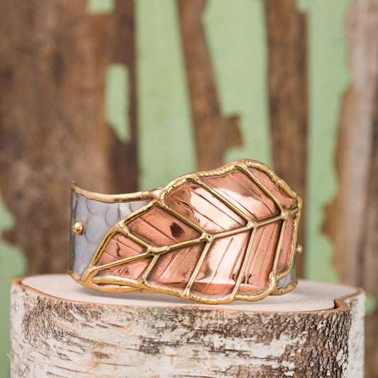 Anju Stainless Steel Cuff with brass and copper scroll-work