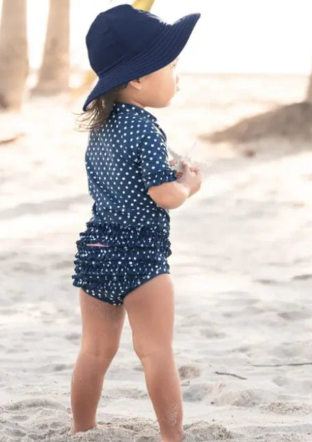 RuffleButts Navy Polka Dot Ruffled Rash Guard Bikini 12-18m