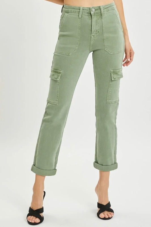 Risen High Rise Straight Leg Cargo Jeans in Olive