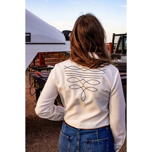 Boot Stitch Embroidered White Top with Turquoise Snaps