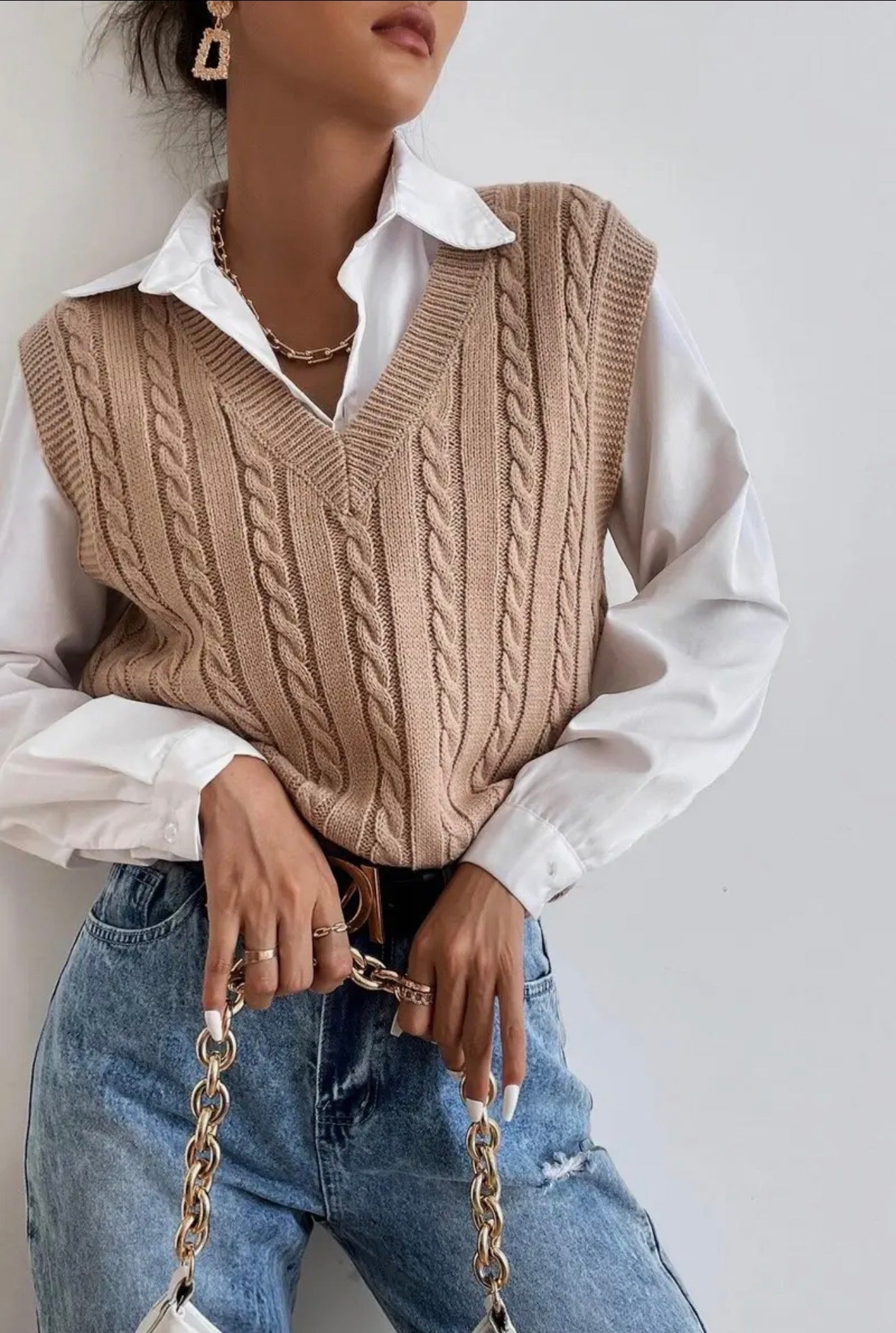 V-NECK Solid Color Cable Knit Sweater Vest