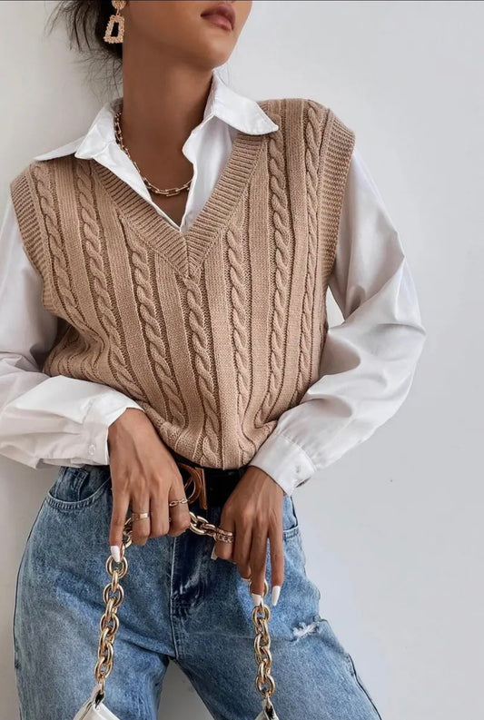 V-NECK Solid Color Cable Knit Sweater Vest